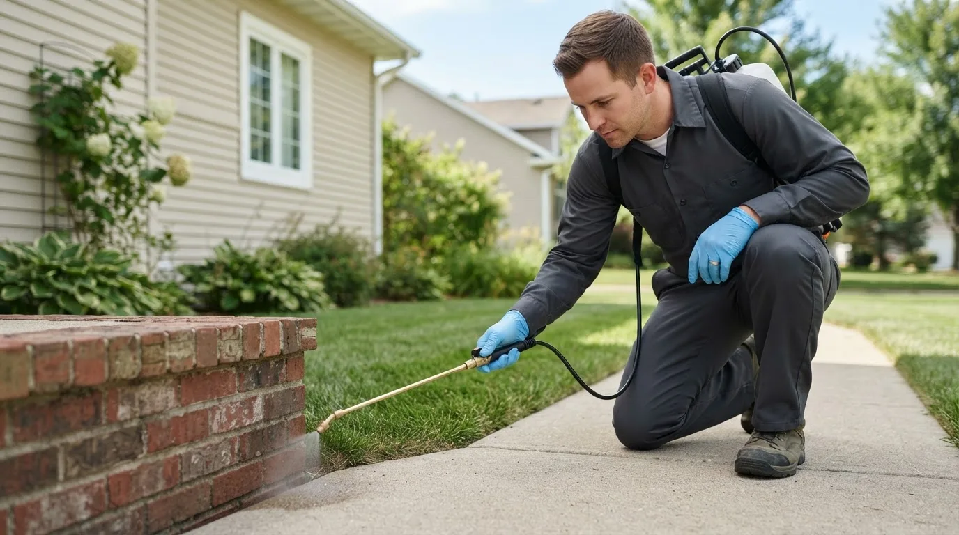 Pest control technician treating a home near Fielding, UT